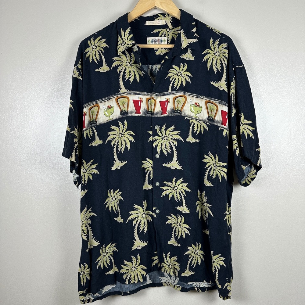 Campia Moda Men's XL Button Down Shirt Black Palm Tree Tropical Cocktail Rayon